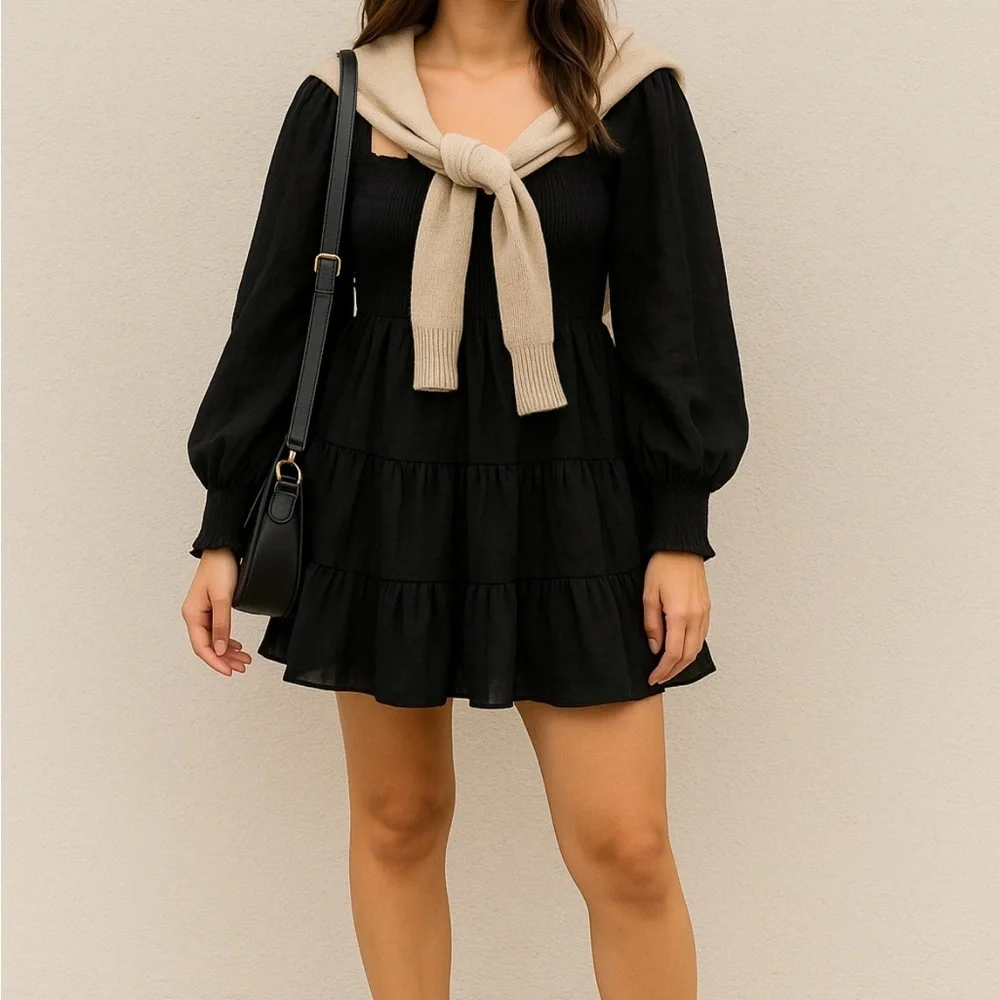 Urban Outfitters Black Long Puff Sleeve Mini Dress Size Small Petite - Picture 8 of 8